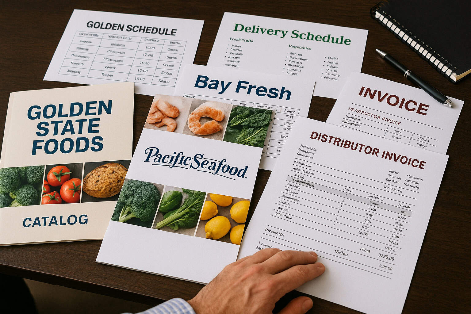 Restaurant manager reviewing food service distributor catalogs, invoices, and delivery schedules for supplier comparison.