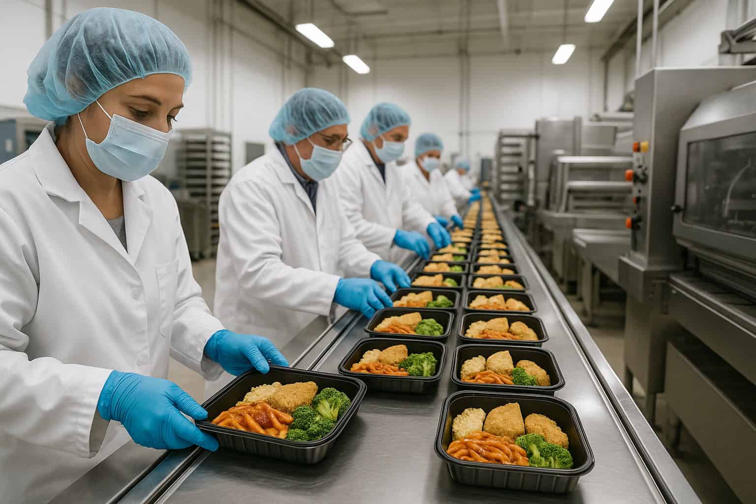 Workers in a food manufacturing facility in Southern California preparing wholesale packaged foods on an assembly line, highlighting food safety and quality.