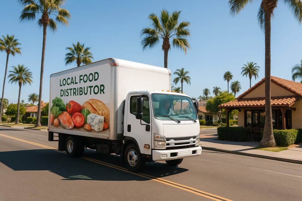 Delivery truck from a local food service distributor en route to a Southern California restaurant under a sunny sky.