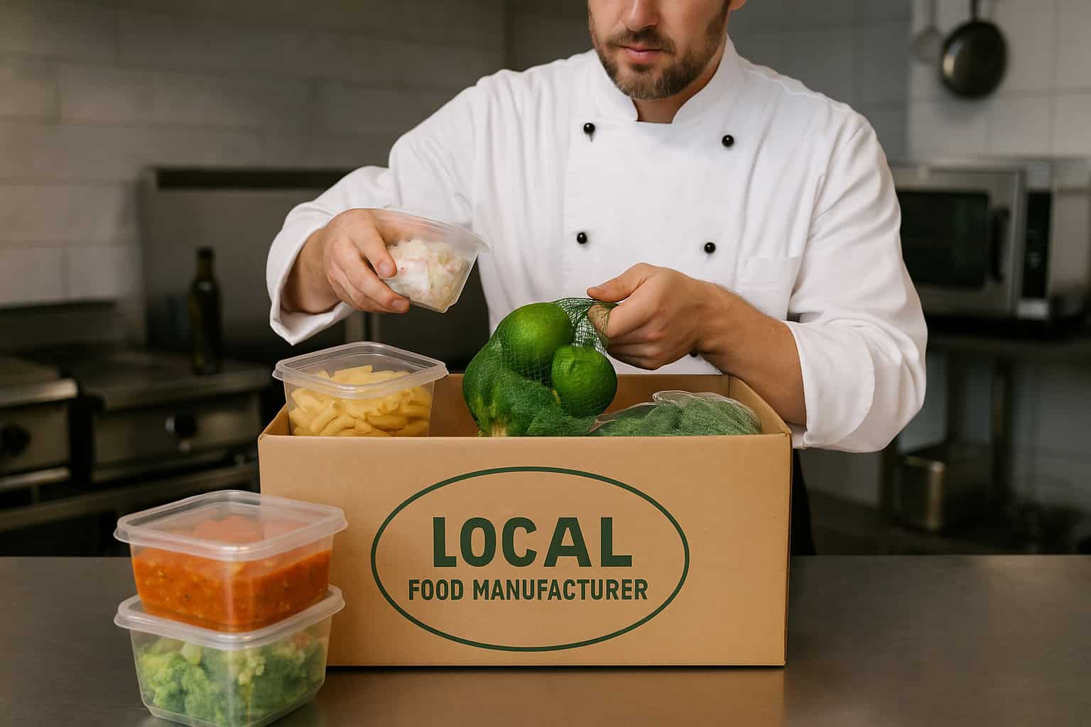 Chef in a San Diego restaurant kitchen unpacking a wholesale food delivery with packaging labeled from a local food manufacturer.