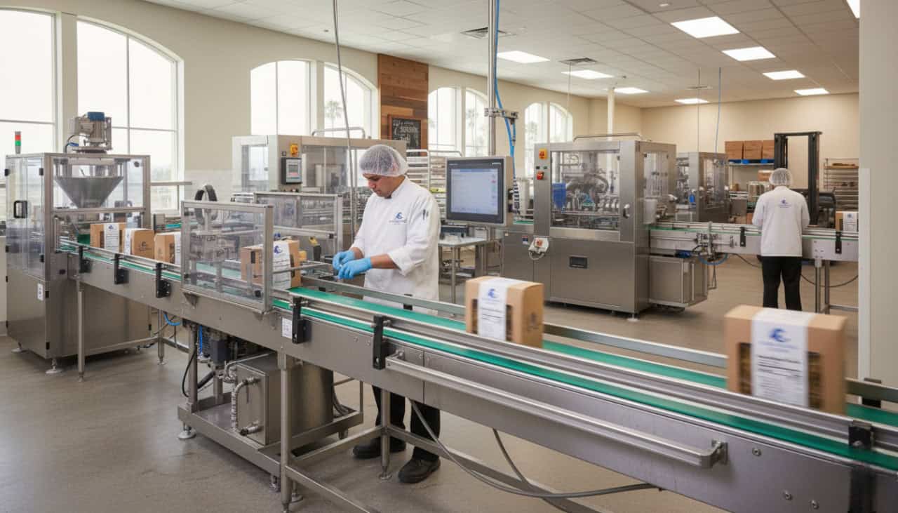 Automated food manufacturing production line showing efficiency and quality control in Southern California