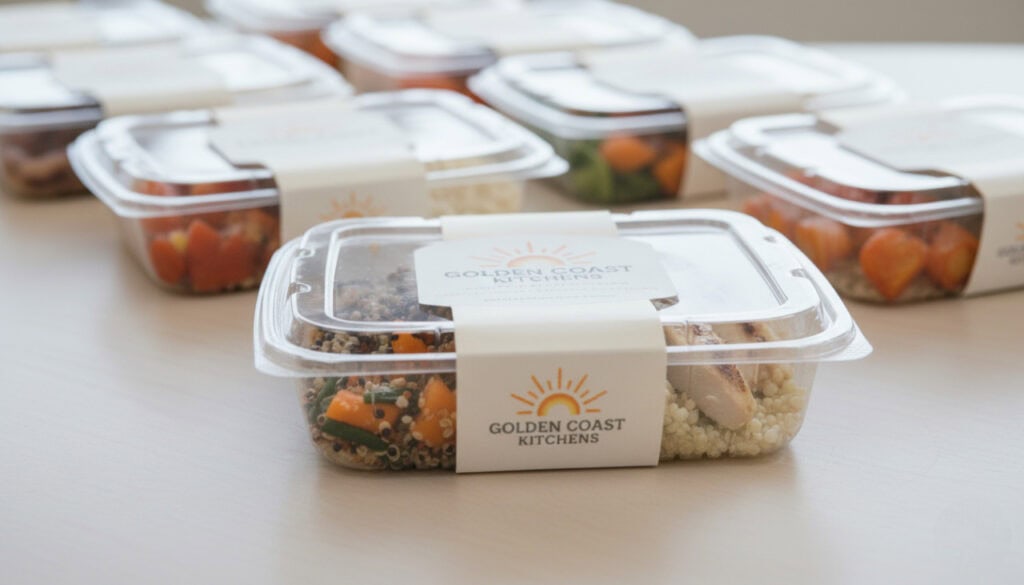 Custom-branded meal packaging showing nutrition label and company logo designed for consistent brand identity