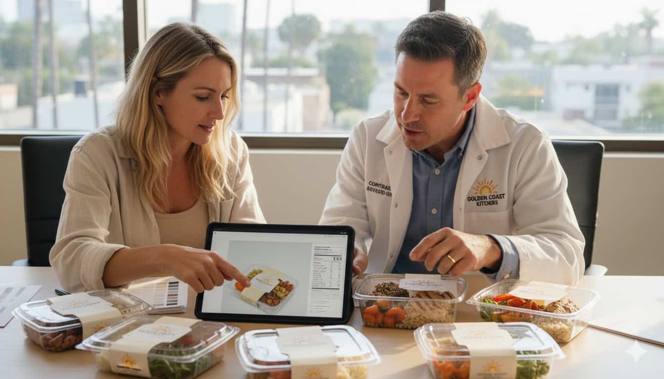 Food brand owner in Southern California collaborating with a contract manufacturer to review packaging designs and meal samples.