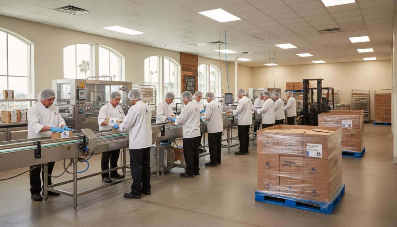 Modern San Diego food contract manufacturing facility with staff packaging high-quality products for regional distribution