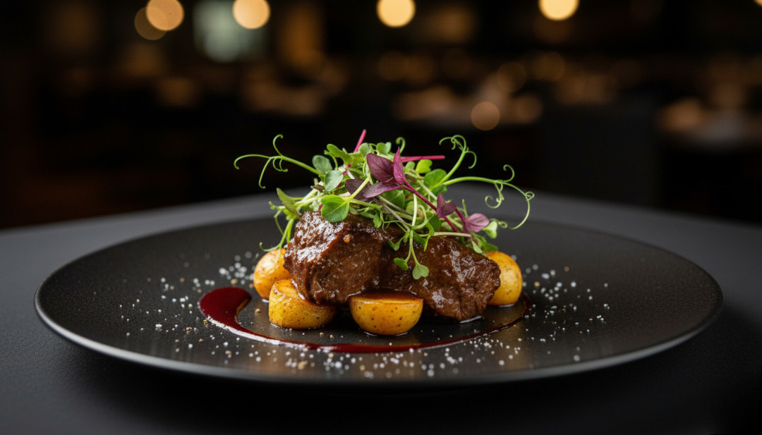 Fine-dining dish made from a gourmet frozen entrée, beautifully plated with microgreens and sauce.