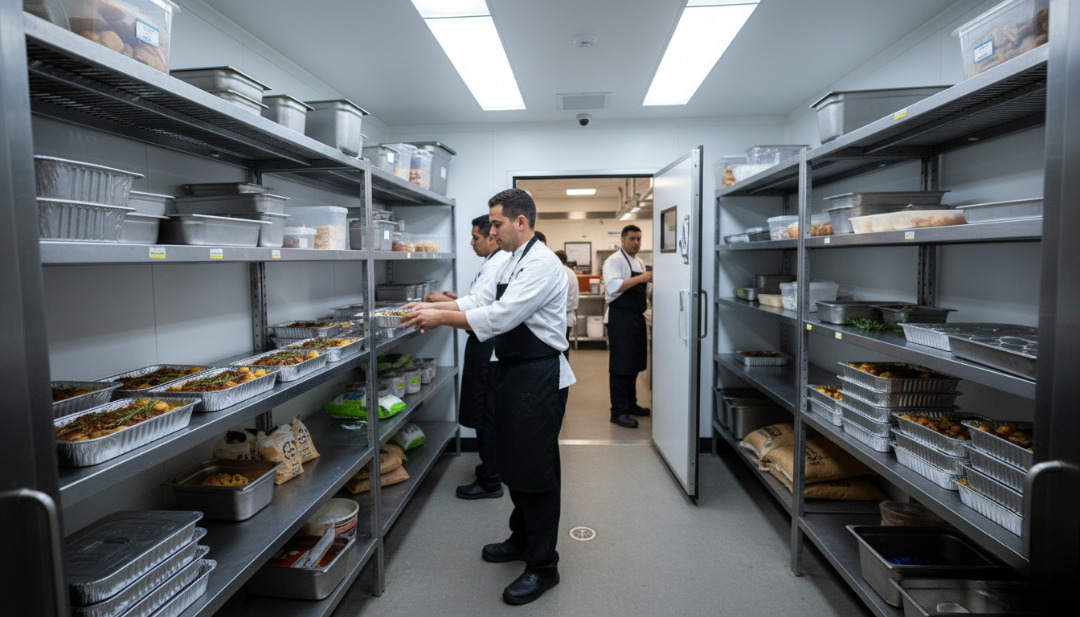 Restaurant staff storing gourmet frozen entrées in a walk-in freezer at a Southern California dining establishment.