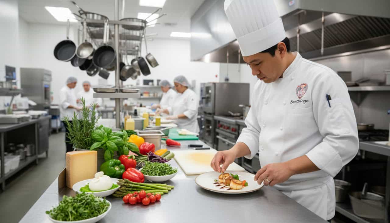 Chef preparing premium ingredients in a San Diego commercial kitchen supplied by a gourmet foodservice provider.