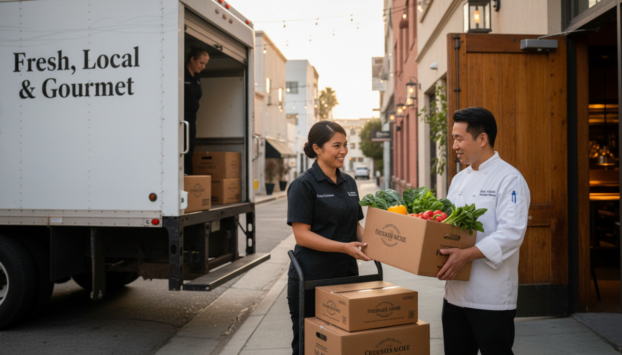 Gourmet foodservice provider delivering fresh, high-quality ingredients to a restaurant in San Diego