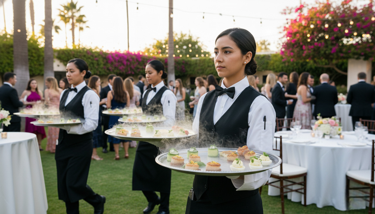 Catered event in Southern California serving elegant gourmet hors d’oeuvres to wedding and corporate guests