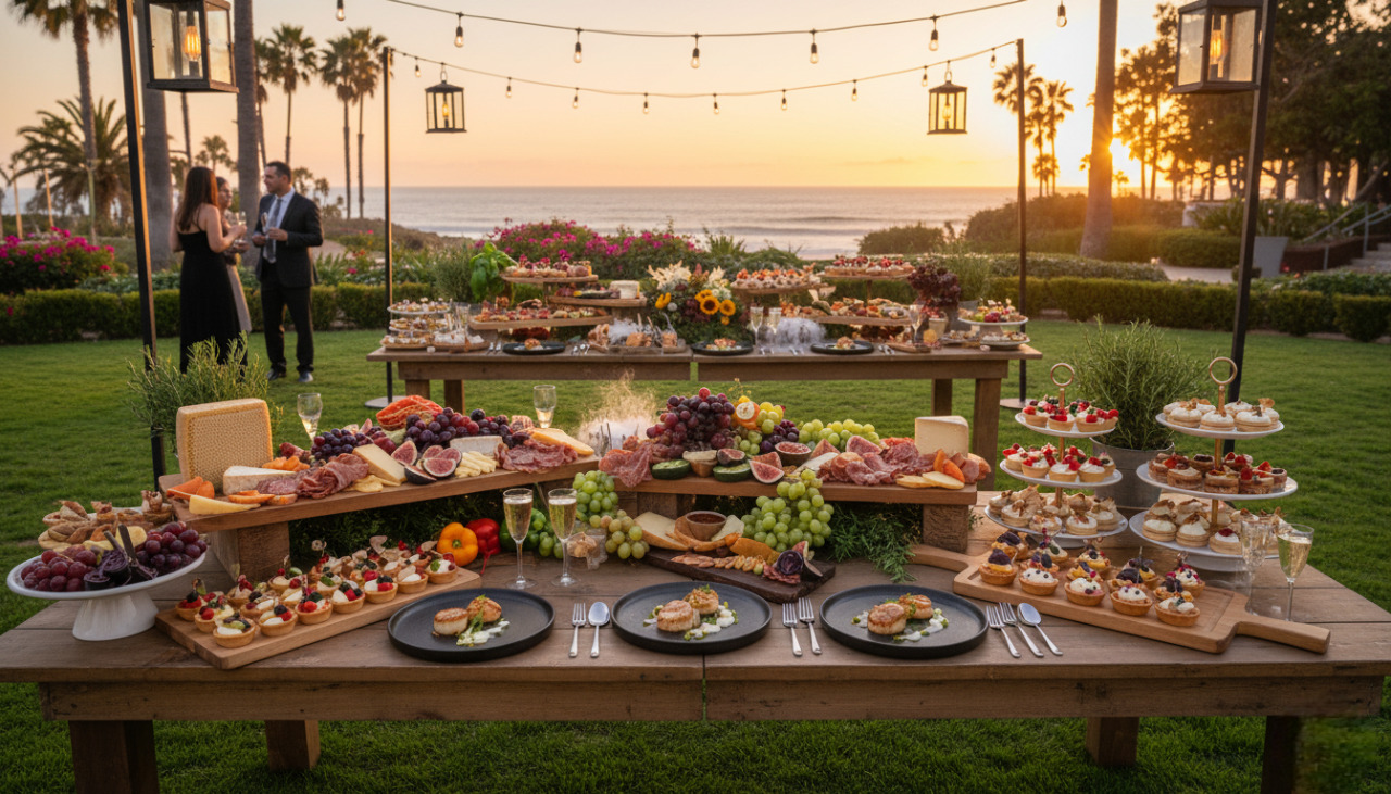 Upscale catering display with gourmet appetizers and desserts at a Southern California event.