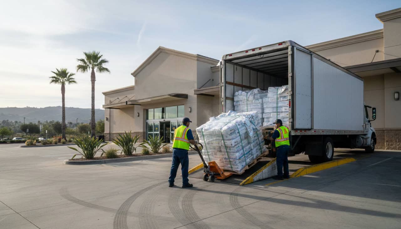 Refrigerated truck delivering frozen food products to San Diego grocery store while maintaining cold chain temperature control