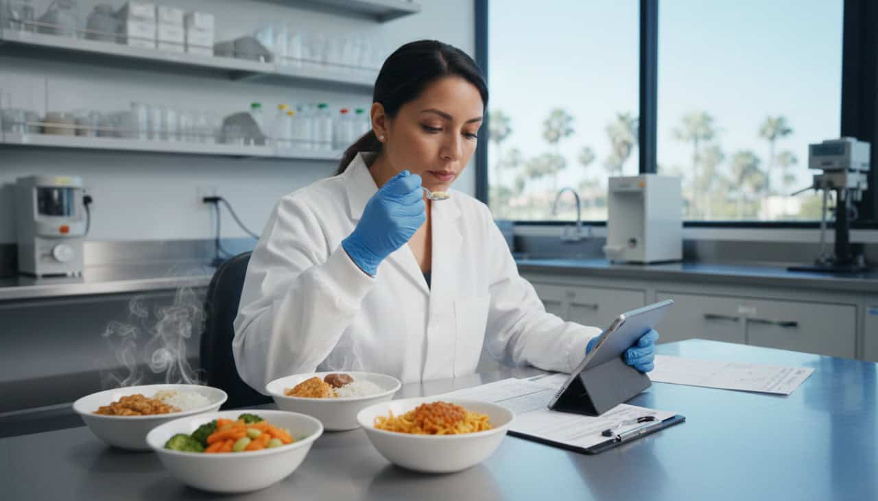 Food quality assurance specialist testing frozen meal samples in Southern California laboratory for taste and safety