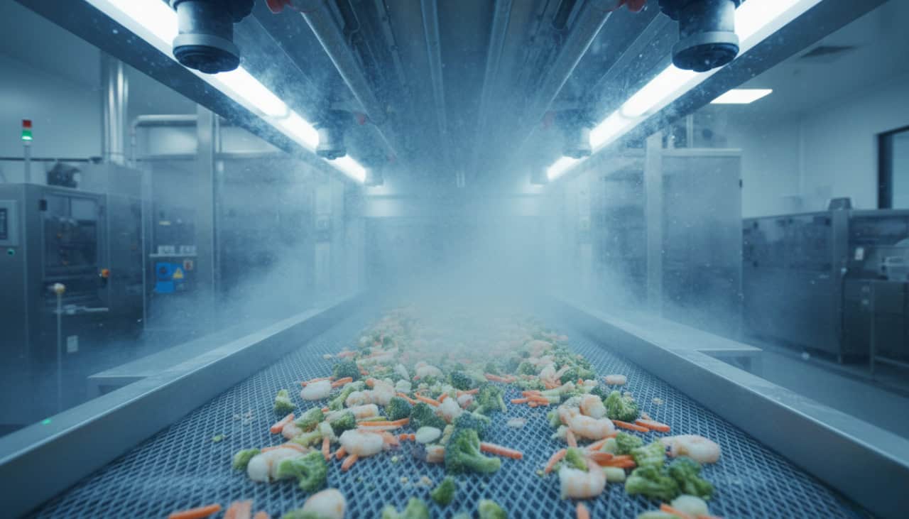 Individually quick frozen vegetables and seafood inside commercial blast freezer preserving flavor and texture