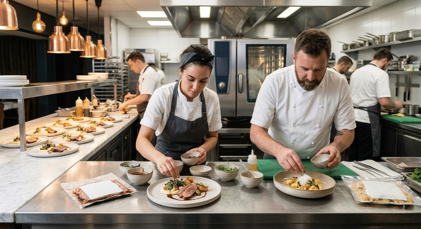 Chefs plating dishes in a streamlined kitchen using gourmet frozen meals to improve efficiency and consistency