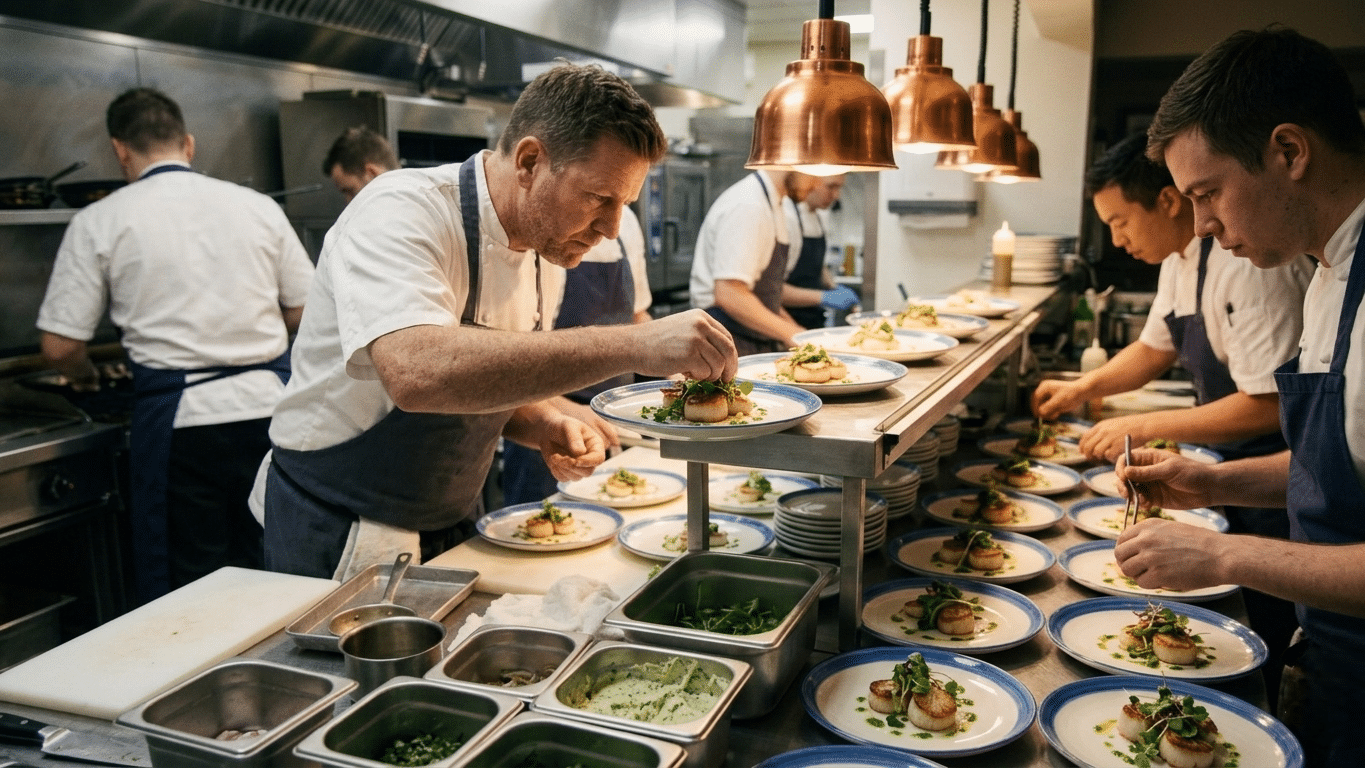 Chefs plating dishes in a streamlined kitchen using gourmet frozen meals to improve efficiency and consistency