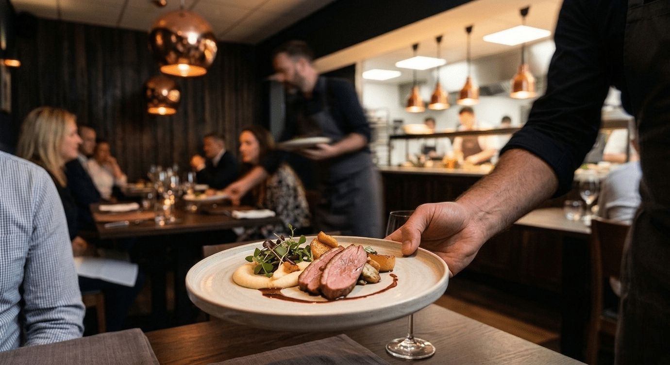 Quickly served gourmet dish in a busy restaurant showcasing speed and quality in kitchen operations