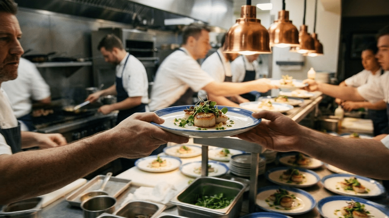 Quickly served gourmet dish in a busy restaurant showcasing speed and quality in kitchen operations