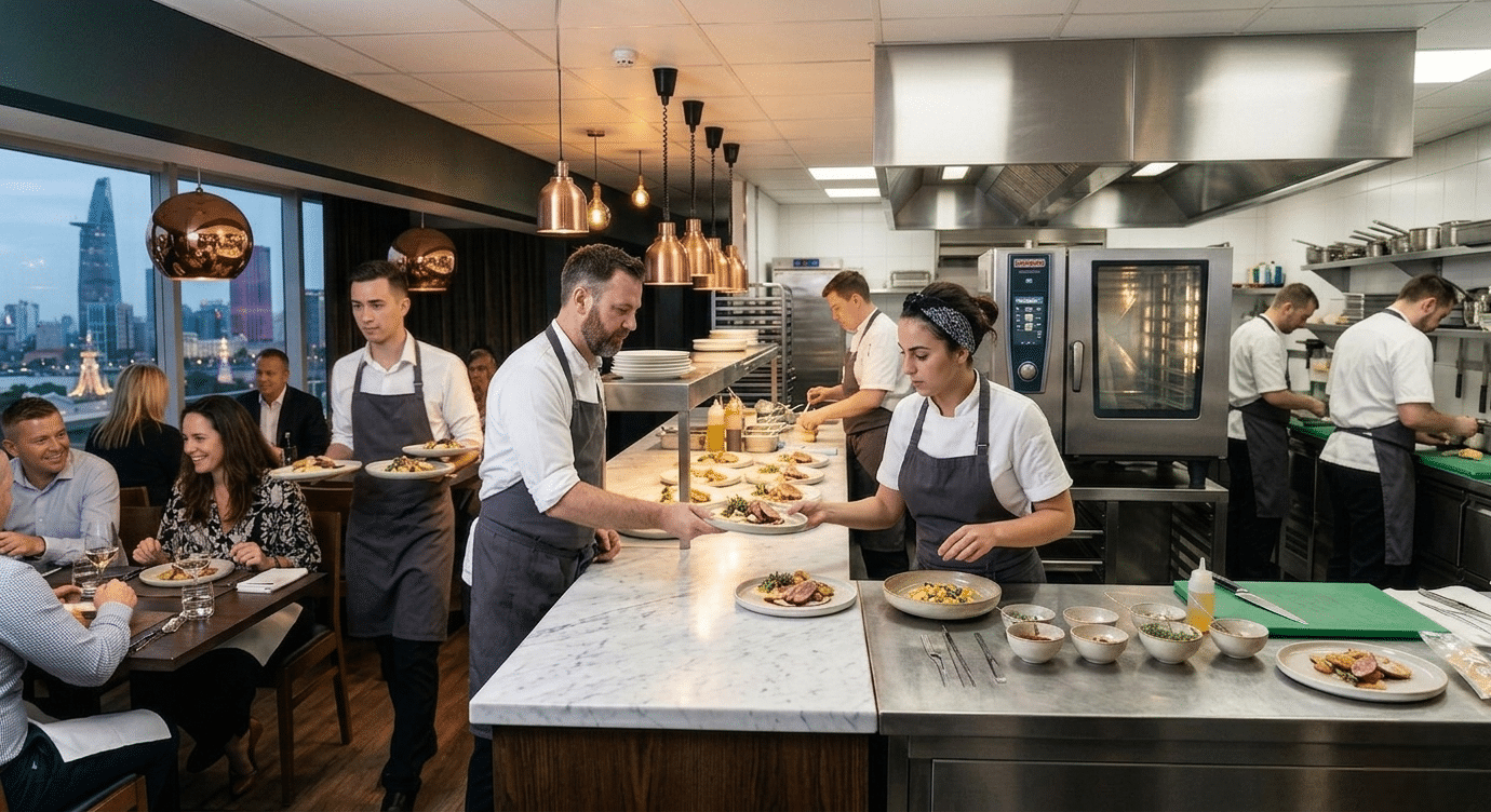 Efficient restaurant kitchen team during peak hours with organized workflow and minimal preparation clutter