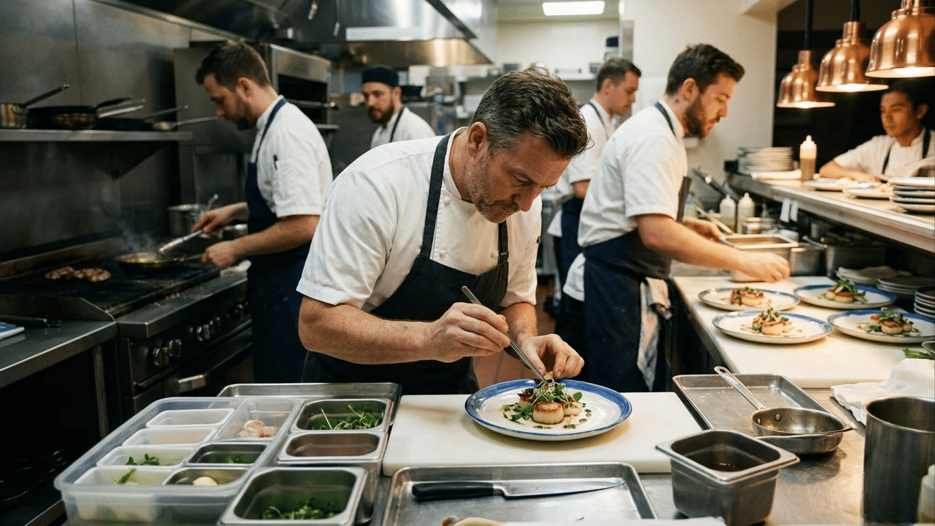 Efficient restaurant kitchen team during peak hours with organized workflow and minimal preparation clutter