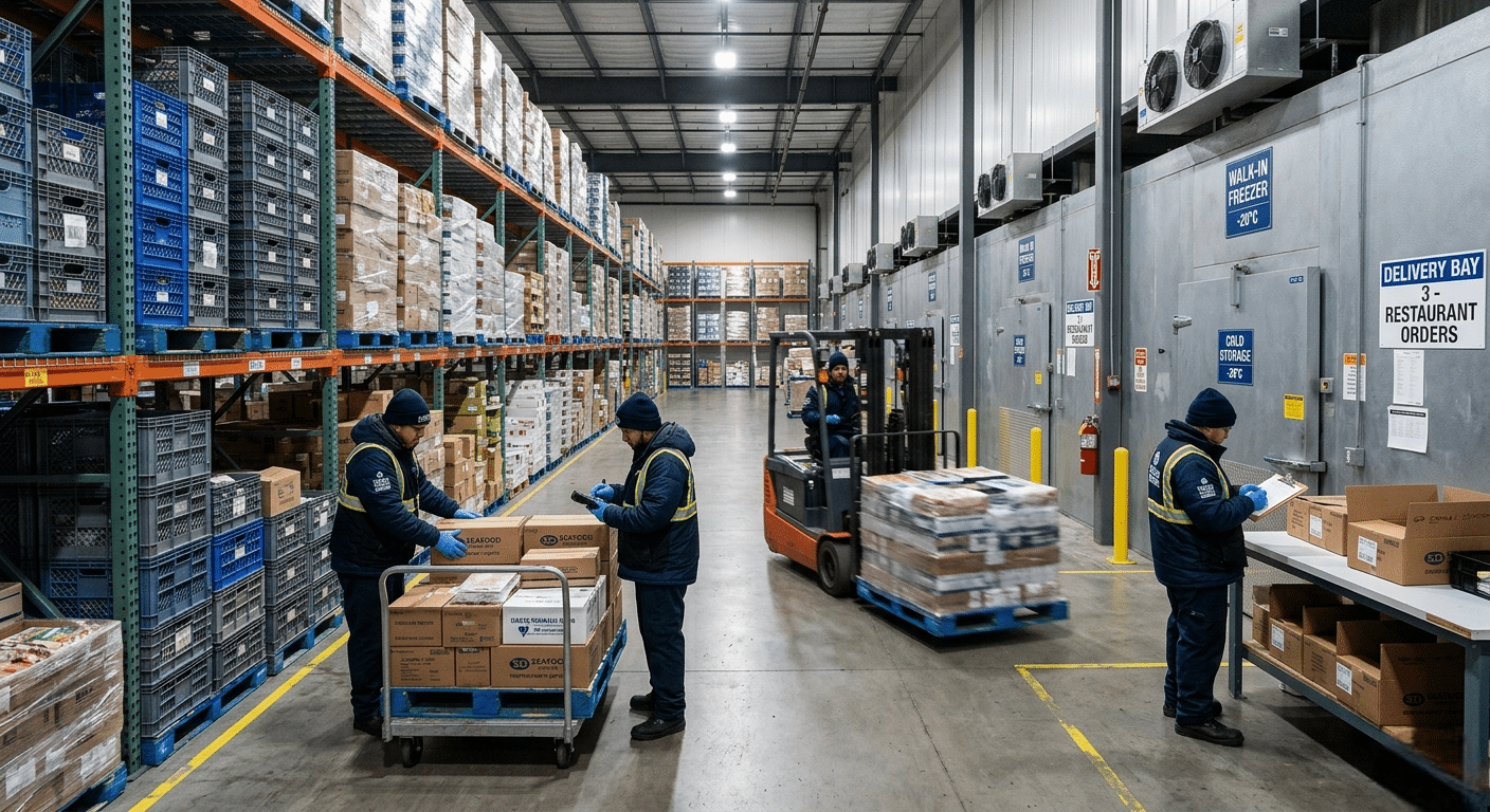 Professional frozen food vendor warehouse in San Diego with commercial freezers and bulk restaurant food supply preparation