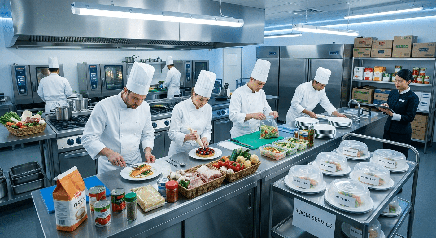 Resort catering event supported by bulk food production and large-scale hospitality food supply services