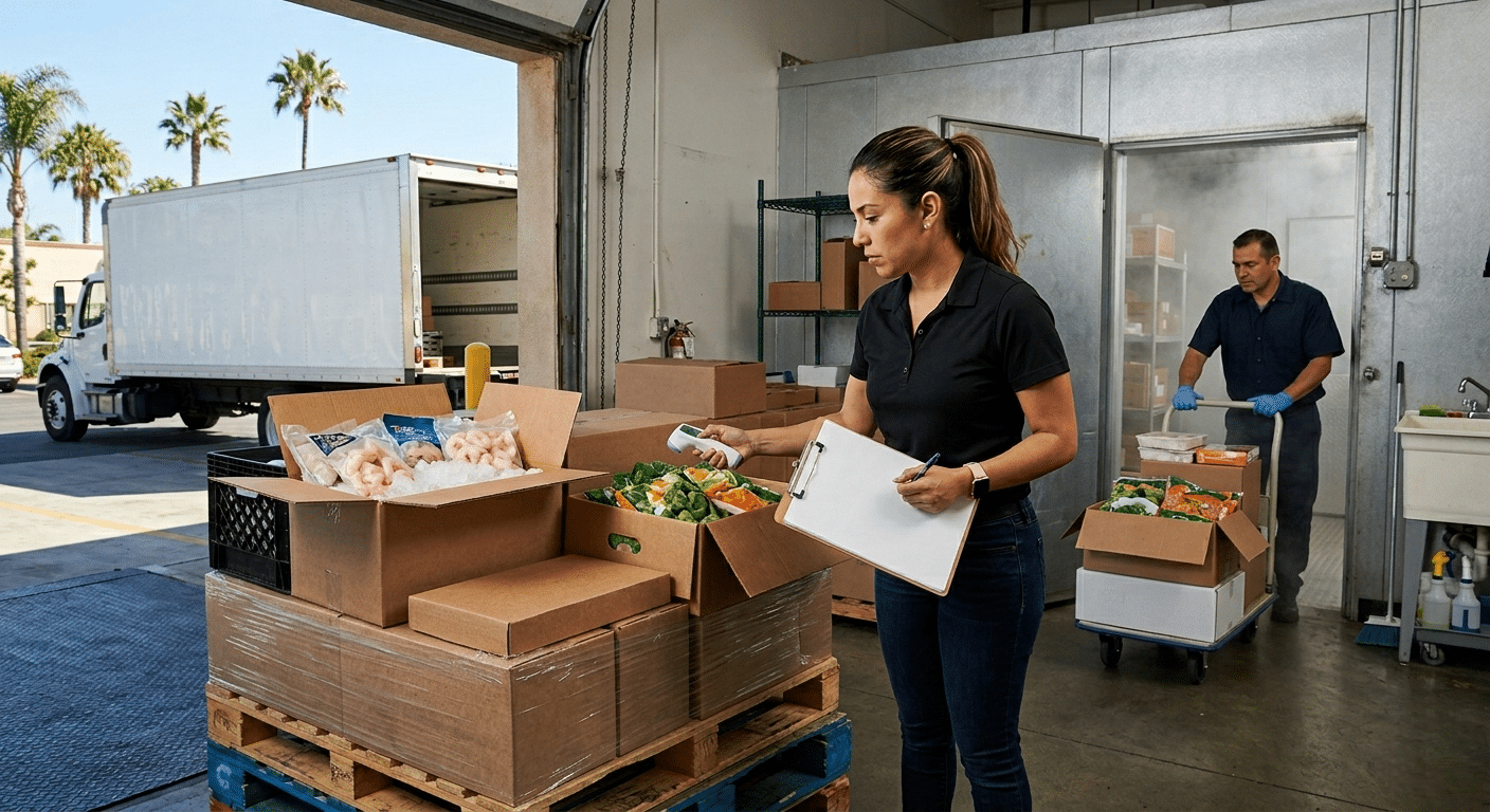Restaurant manager checking frozen food delivery from trusted frozen food vendor in Southern California