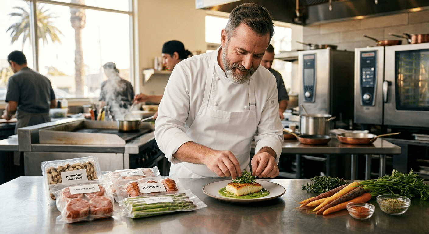 Professional chef preparing restaurant-quality meals using premium frozen ingredients from a bulk frozen food supplier.