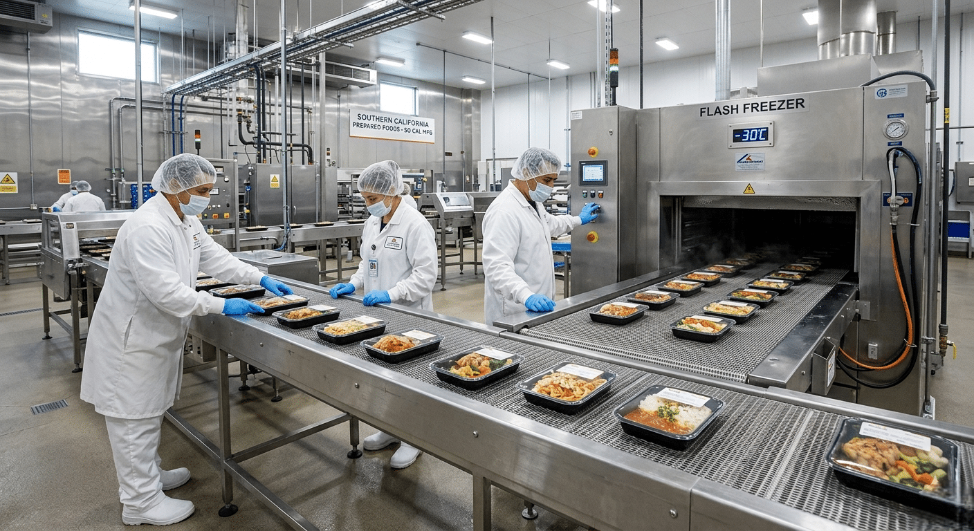 Flash frozen meal co-packing production line preserving food quality in a modern manufacturing facility.