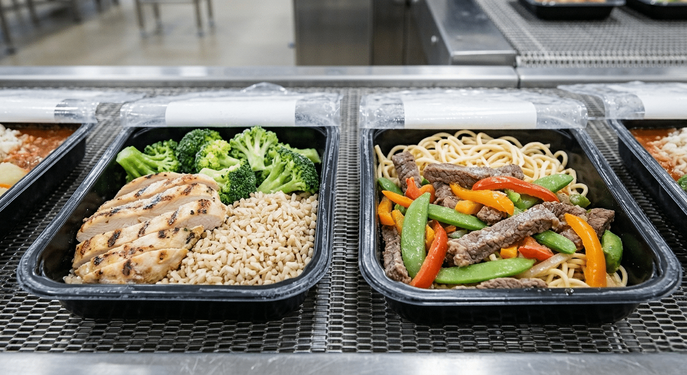 Flash frozen meal co-packing process helping preserve flavor, texture, and nutritional value in prepared meals.