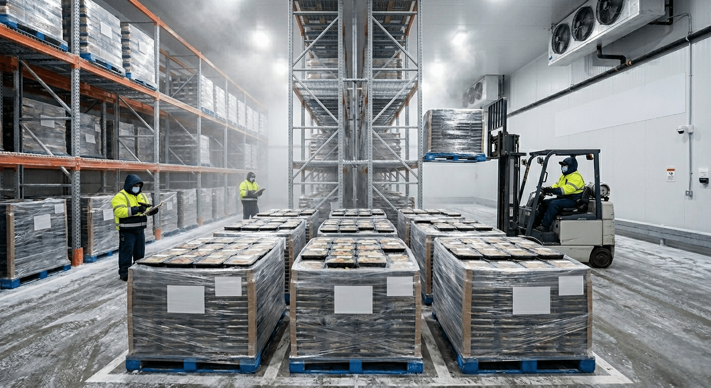 Frozen meals stored in temperature-controlled warehouse following flash frozen meal co-packing for regional distribution.
