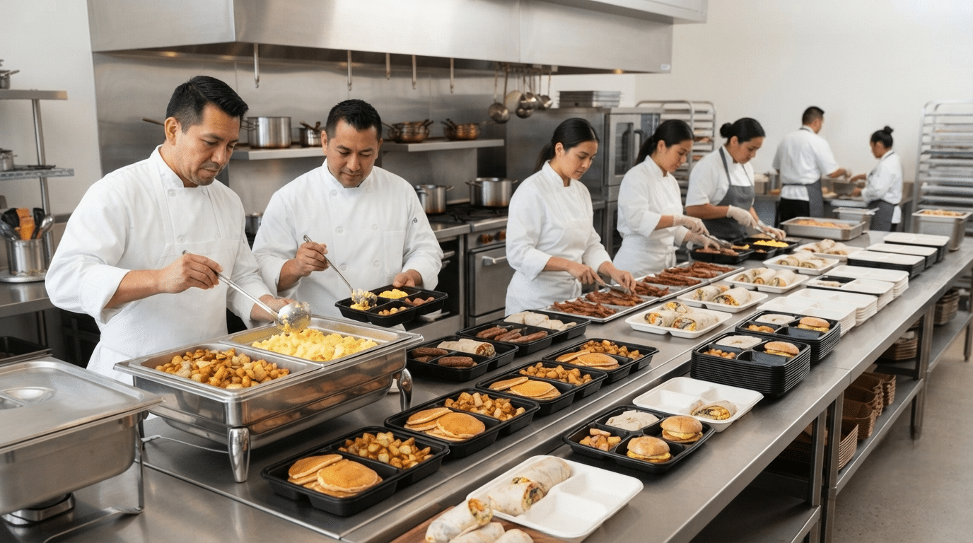 Commercial kitchen efficiently preparing consistent breakfast meals for restaurants, hotels, schools, and catering operations.