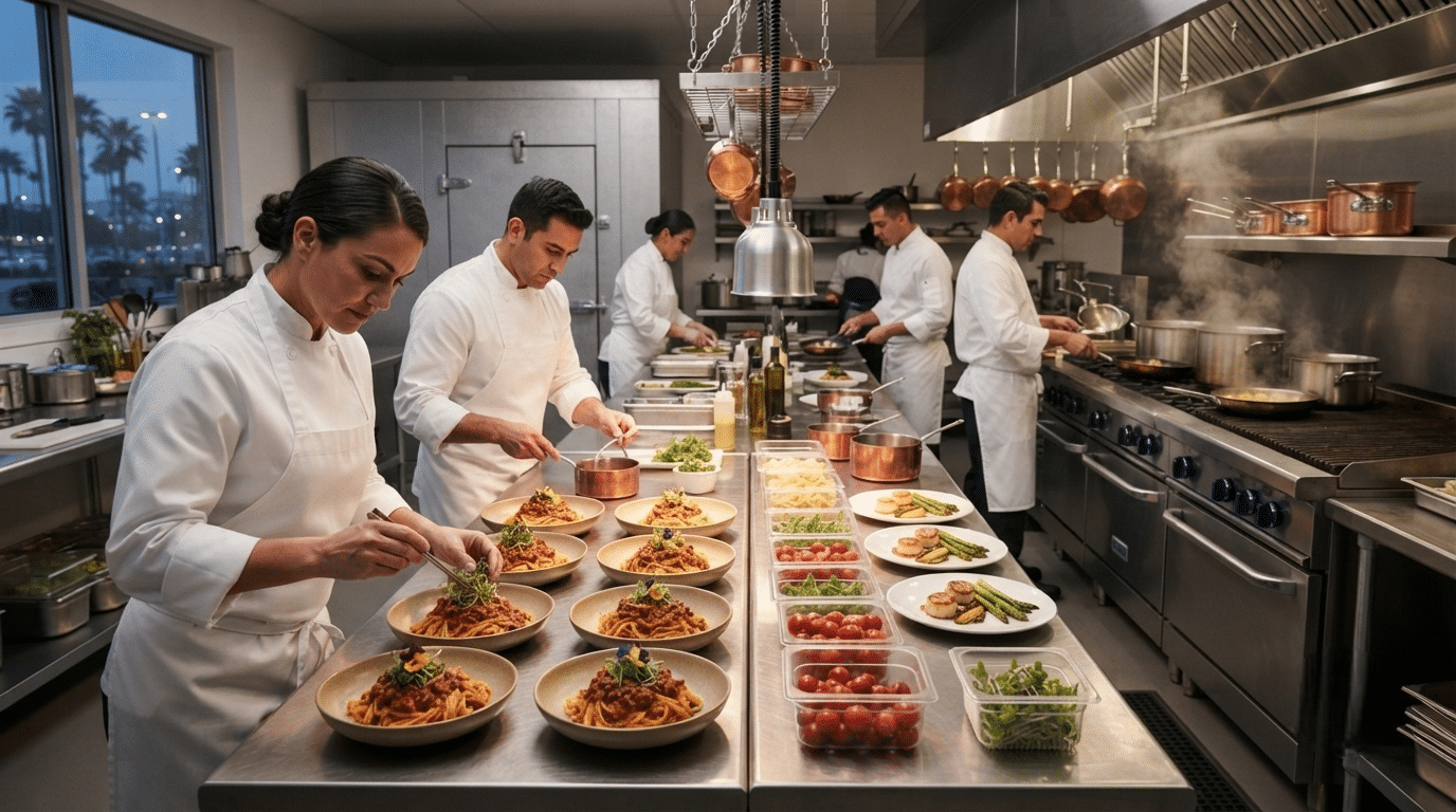 Restaurant chefs preparing consistent meals efficiently in a busy professional commercial kitchen.