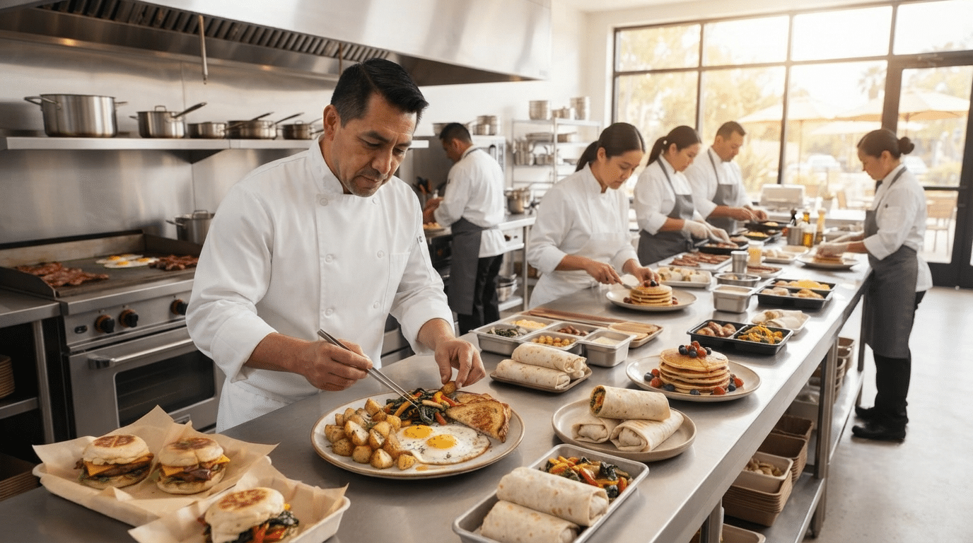 Restaurant kitchen serving high-quality breakfast dishes efficiently during busy morning service in Southern California.