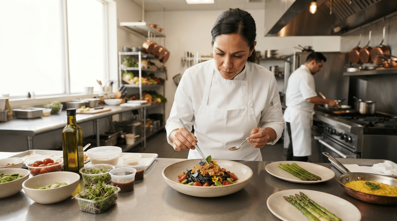 Chef developing innovative restaurant menu dishes in a professional San Diego commercial kitchen.