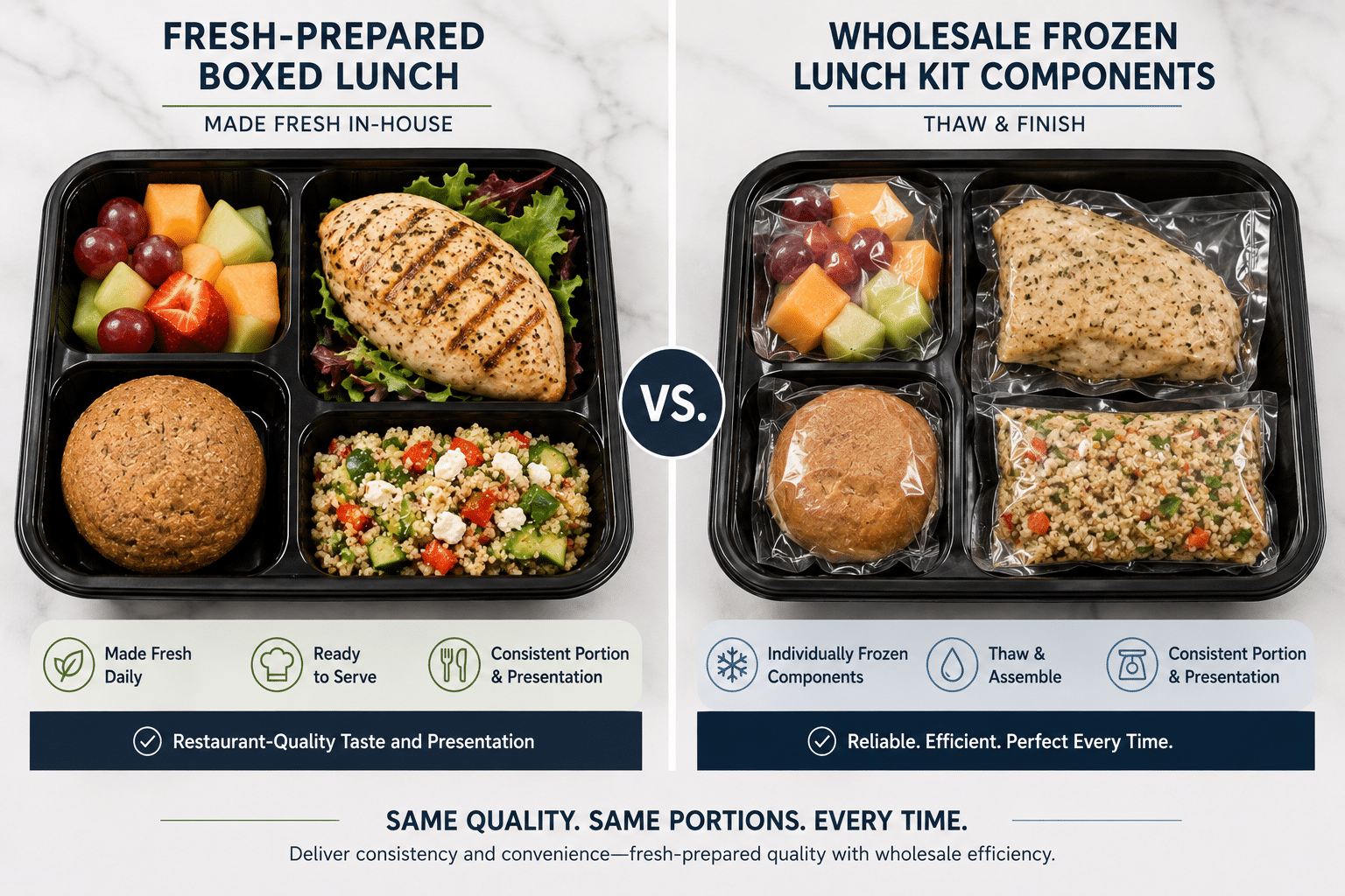 Comparison of fresh boxed lunch versus frozen lunch kit foodservice model