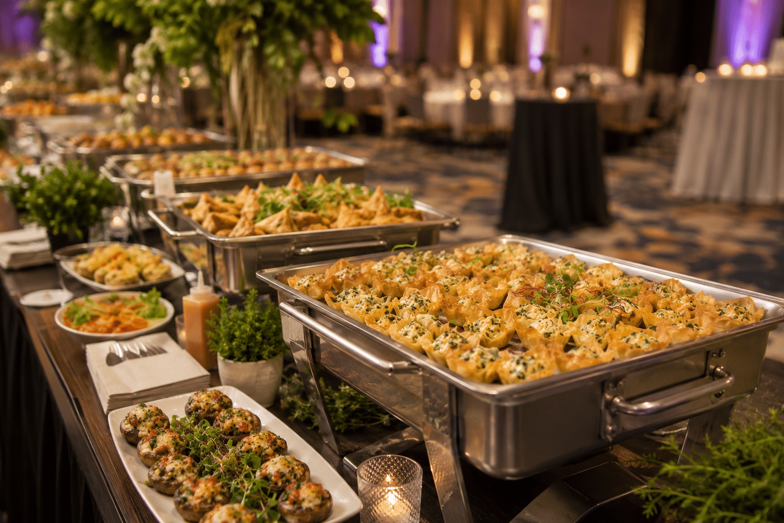 Catering buffet table with hot appetizers at a hotel banquet event