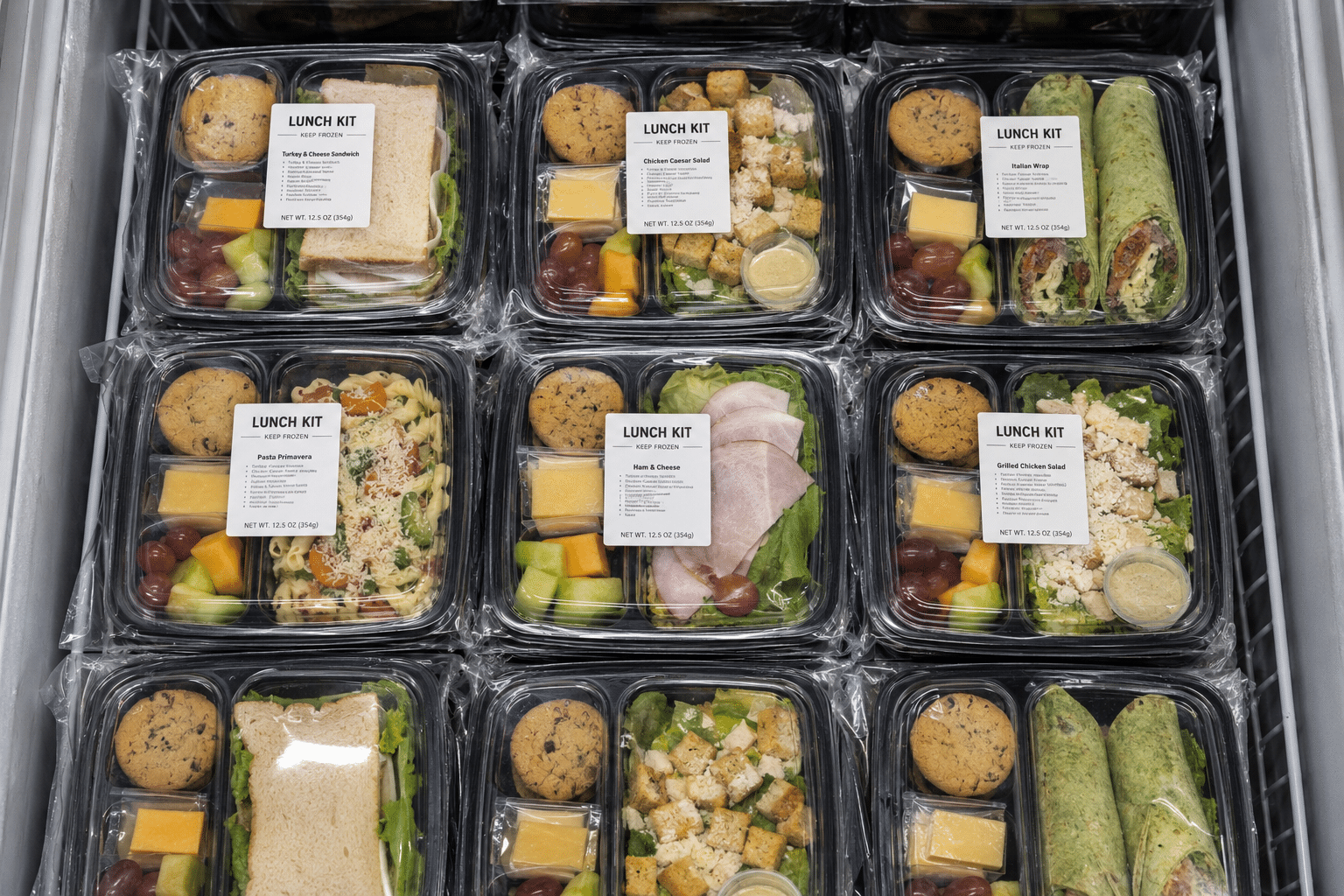 Frozen lunch kits wholesale packaging stacked in commercial freezer storage