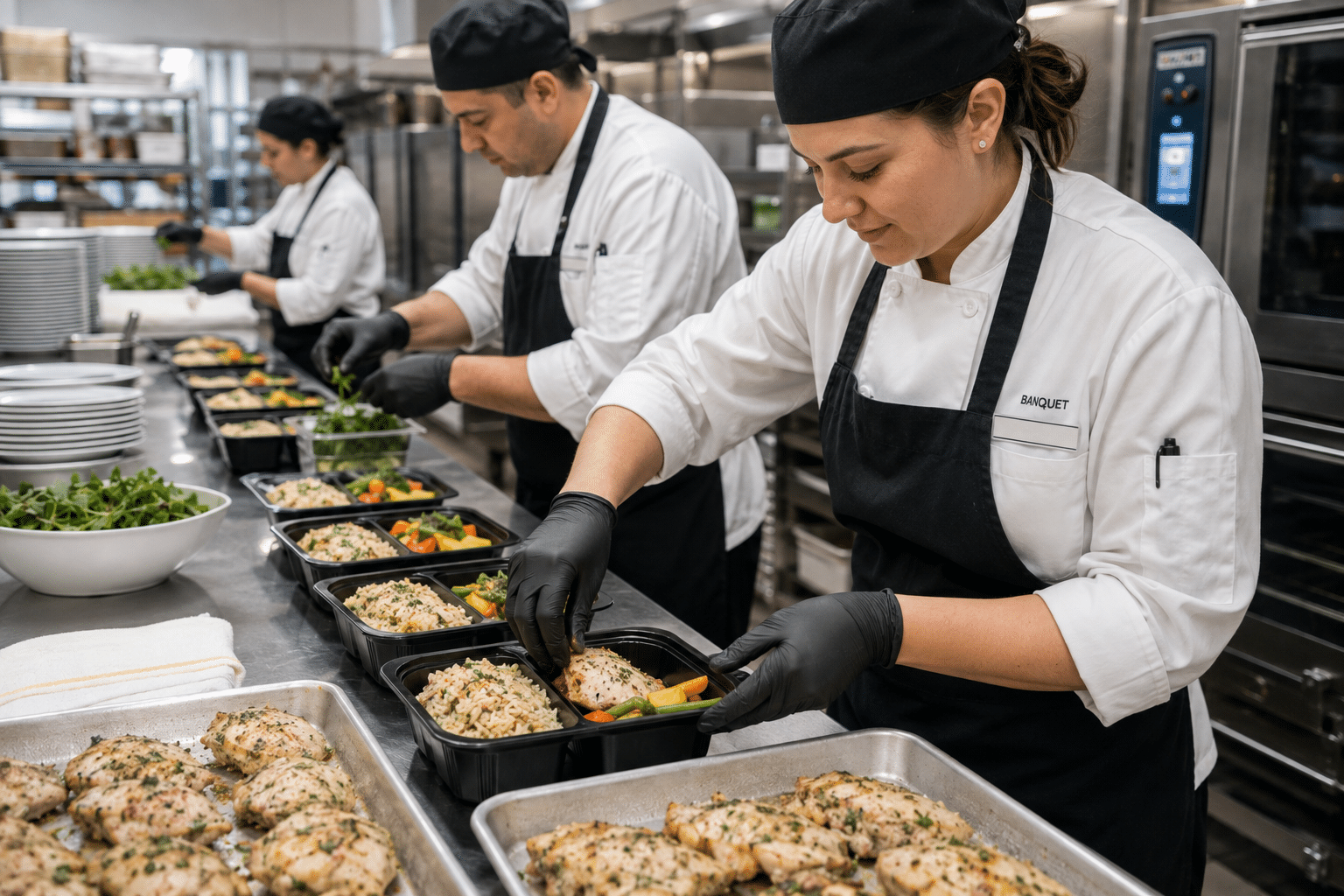 Hotel kitchen staff finishing frozen lunch kit for banquet service