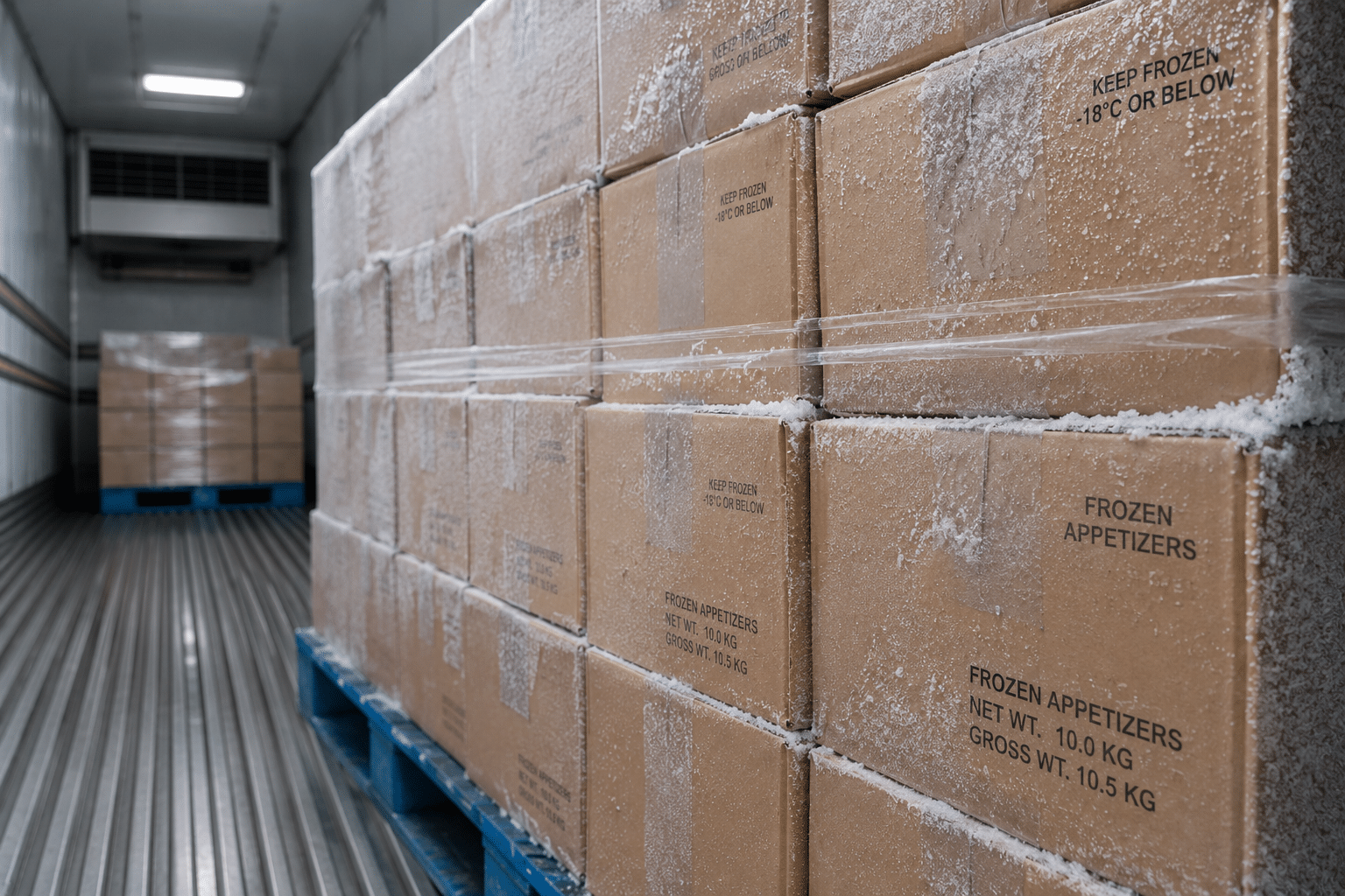 Wholesale frozen appetizer cases packaged for cold-chain delivery