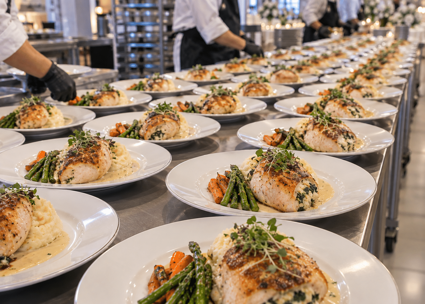 Consistent plated dinner entrees served at a large banquet event