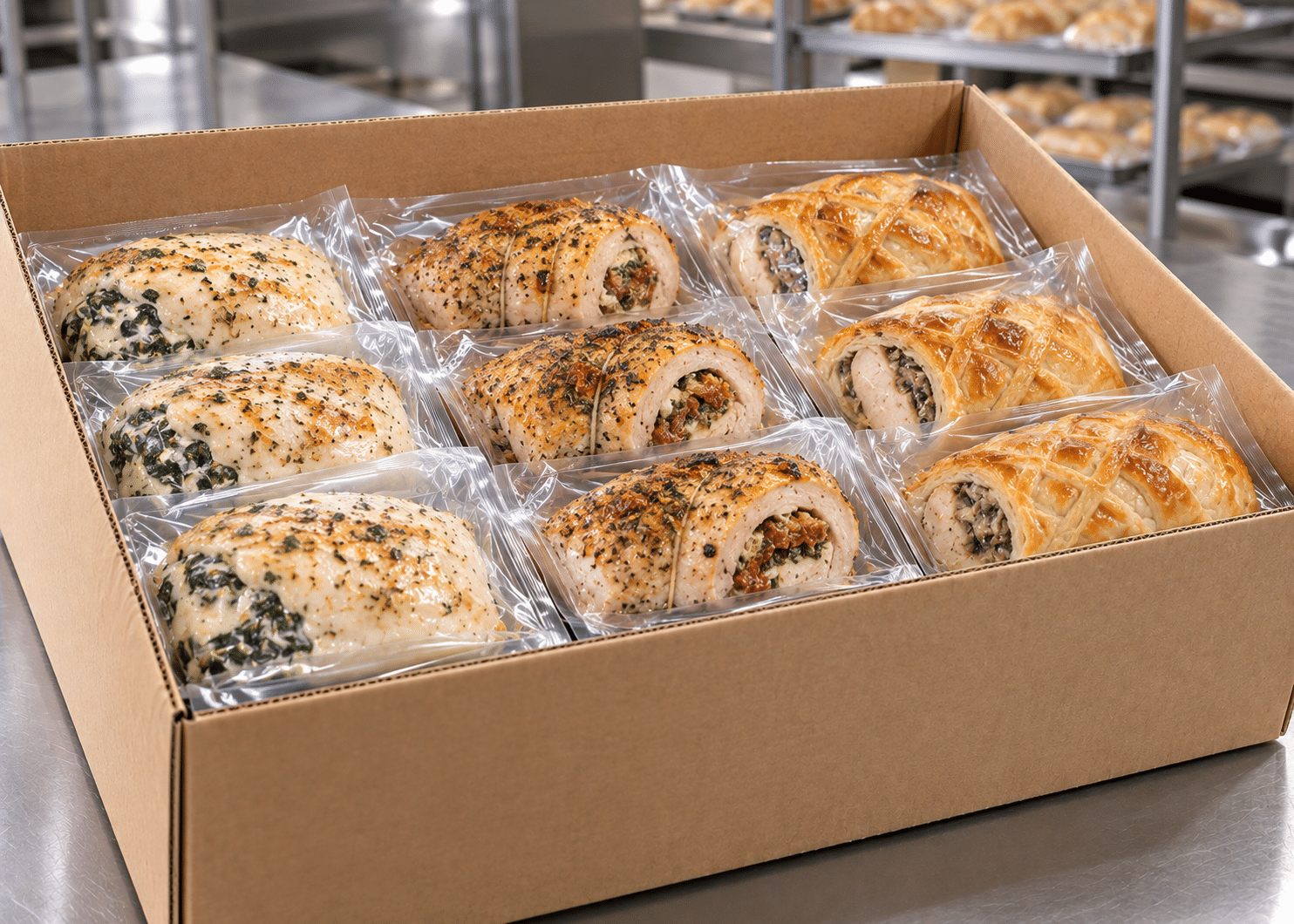 Case of frozen wholesale dinner entrees for foodservice distribution