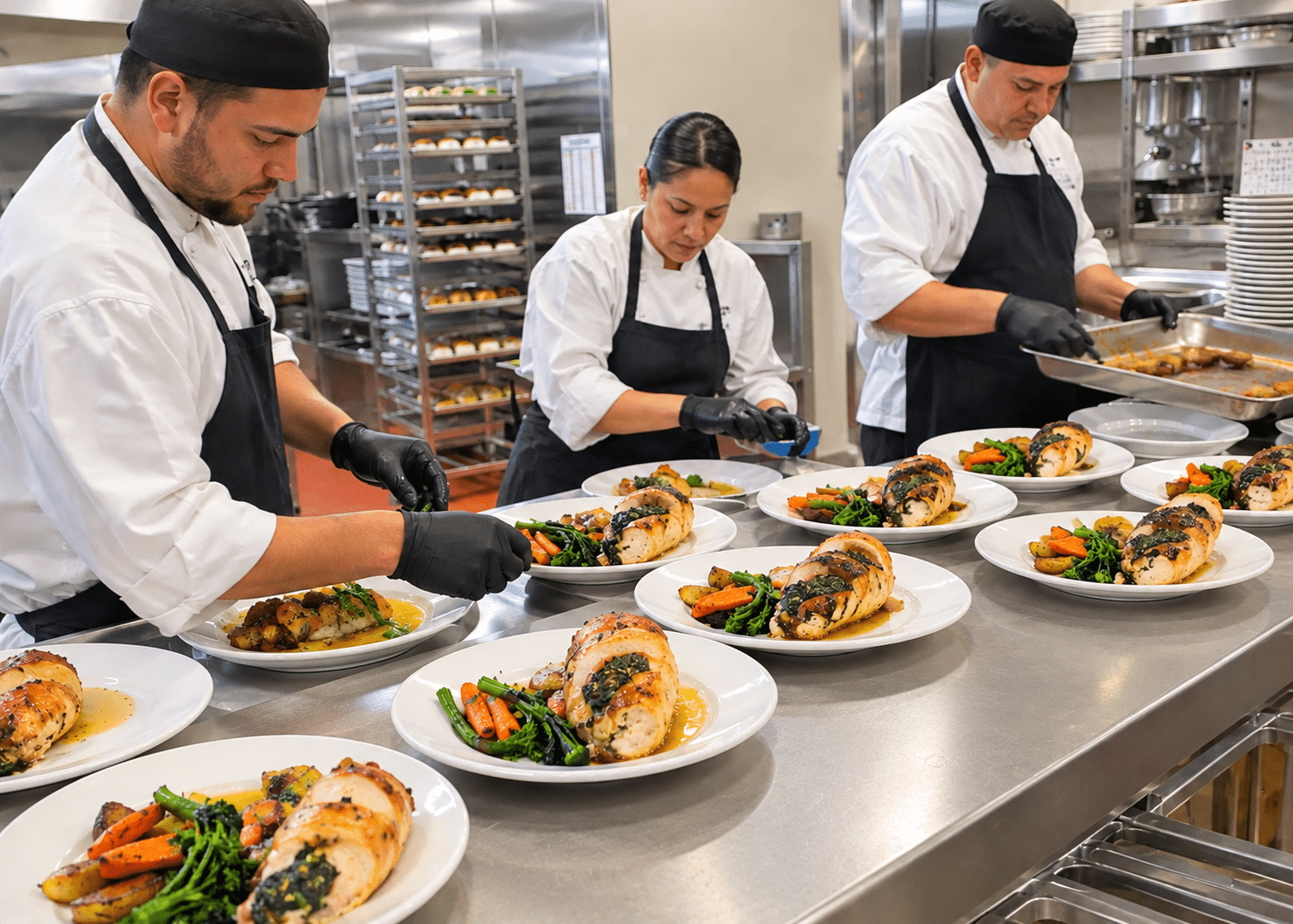 Chef plating wholesale dinner entrees in a commercial kitchen