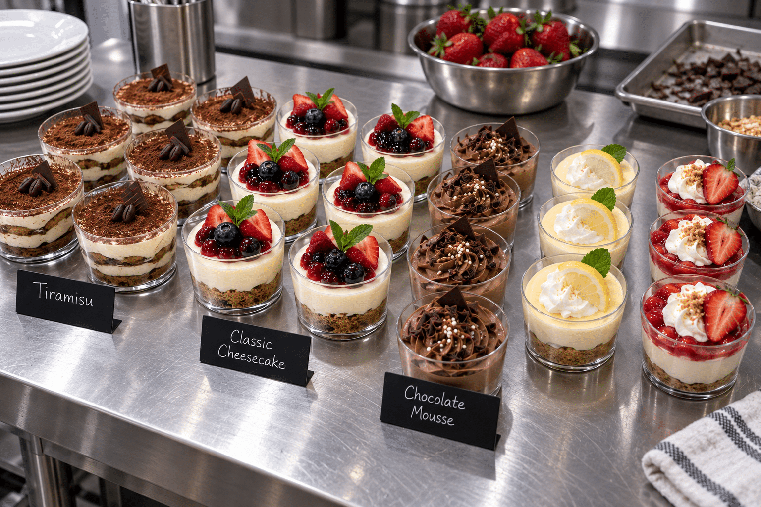 Wholesale dessert cups arranged for foodservice presentation