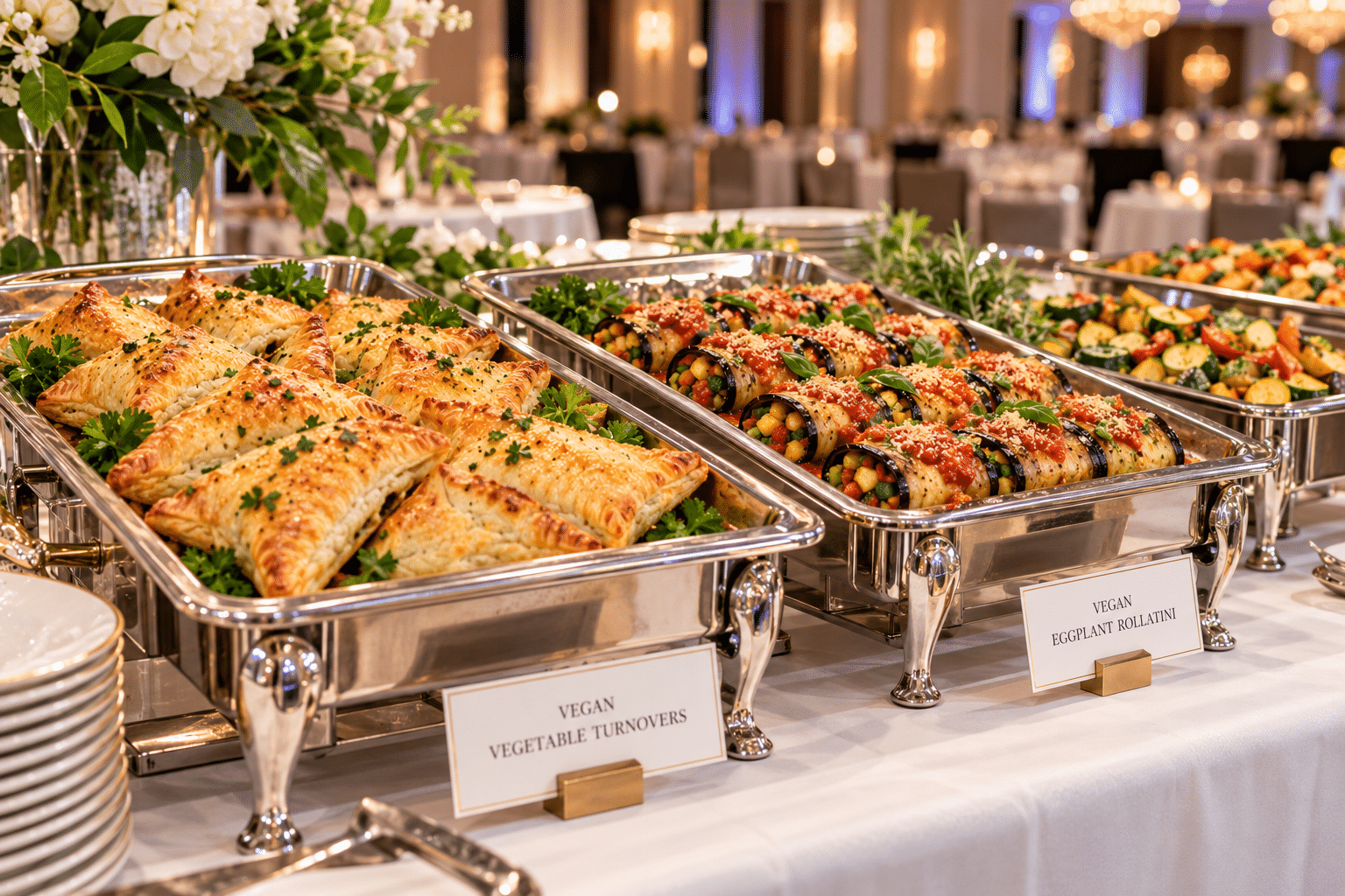Vegan appetizers and entrées on a hotel catering buffet