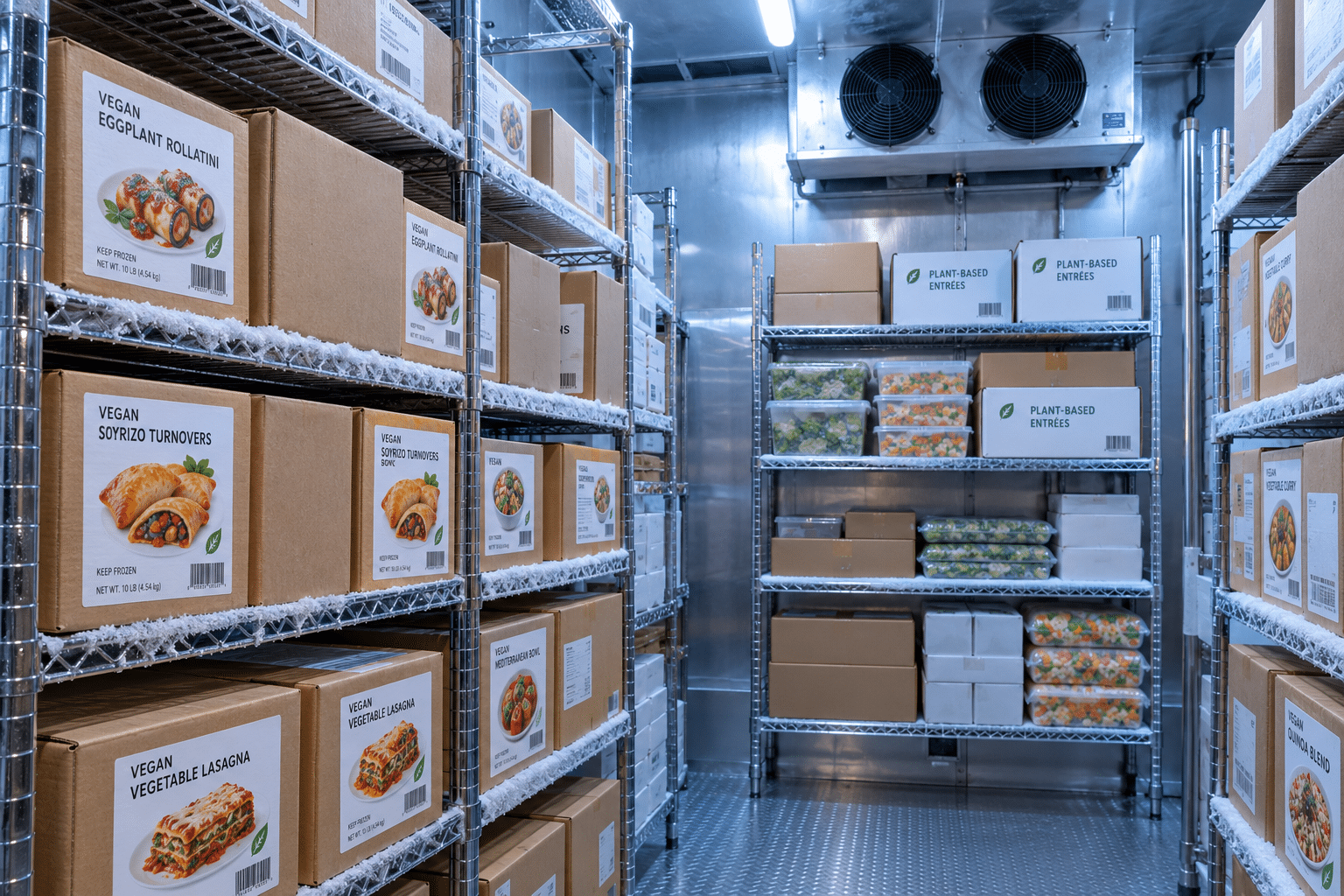 Wholesale vegan frozen food cases stored in a restaurant walk-in freezer