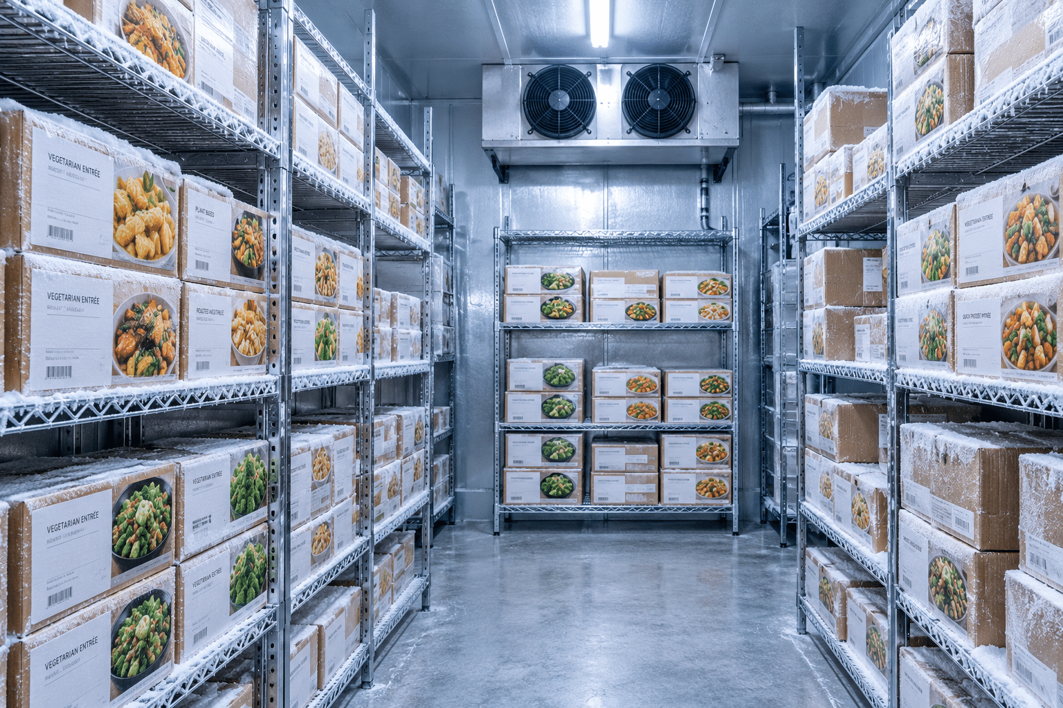 Cases of frozen vegetarian entrées stored in a commercial walk in freezer