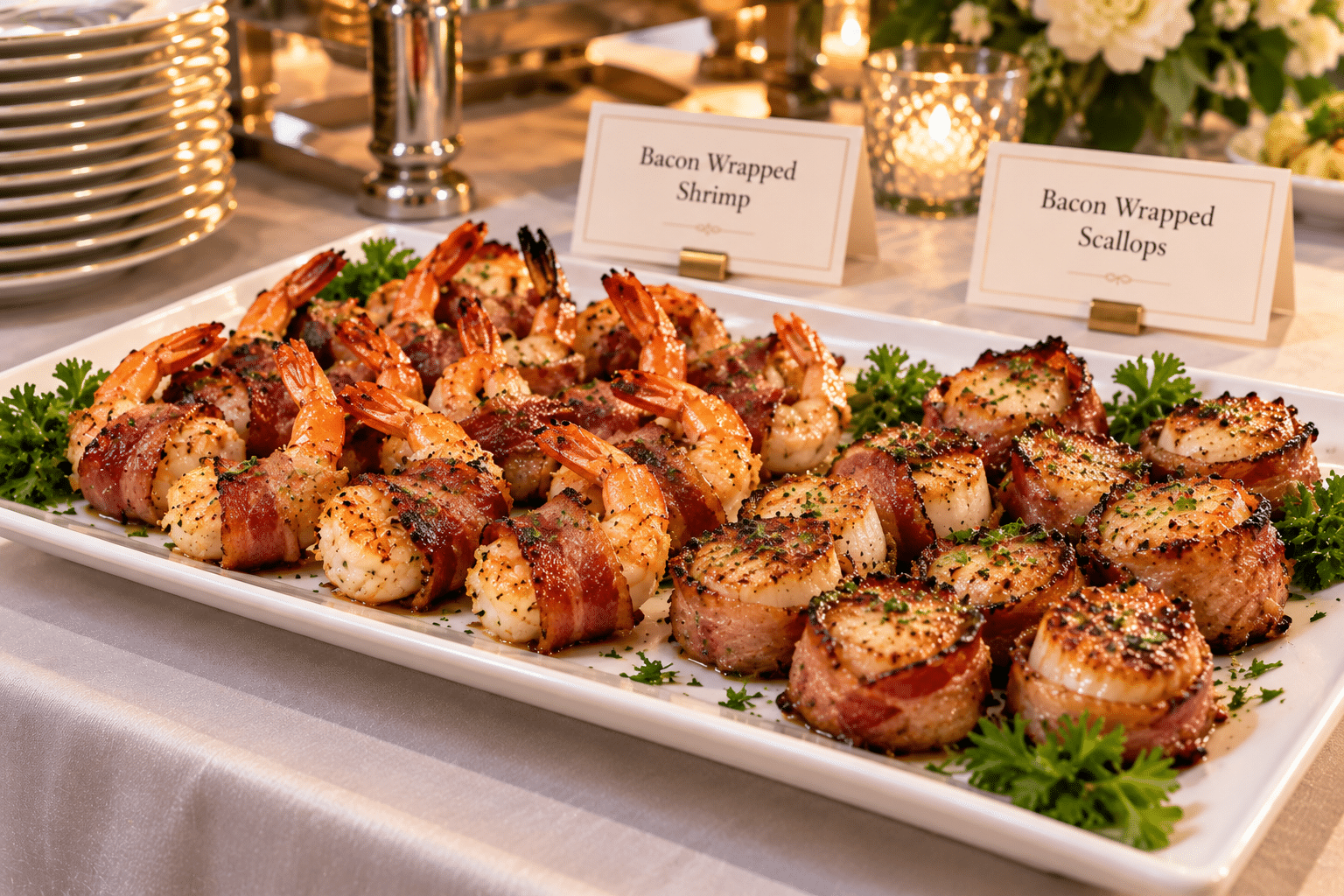 Bacon wrapped shrimp and scallops on a catering platter as low carb keto appetizers