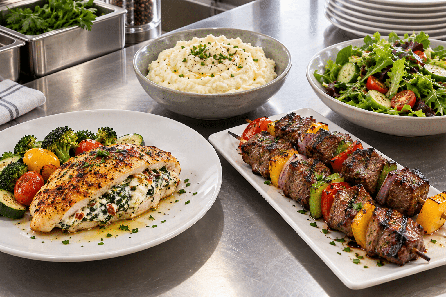 Keto frozen meals wholesale plated as stuffed chicken breast, beef brochettes and cauliflower mash in a commercial kitchen