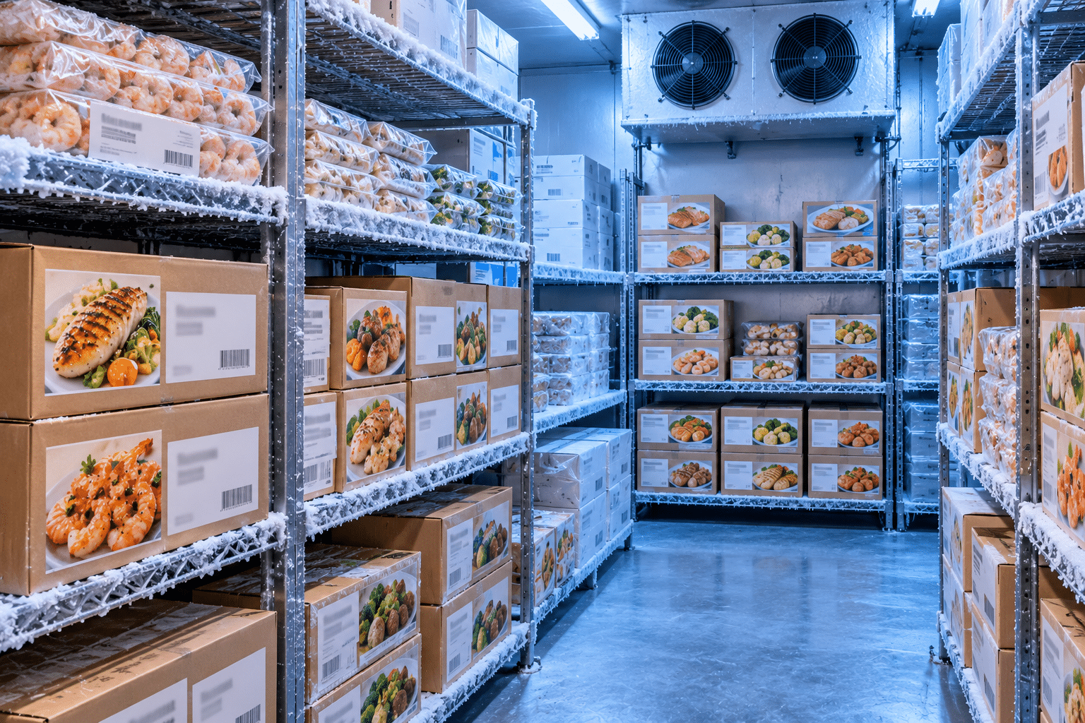 Cases of keto frozen meals wholesale stored in a commercial walk in freezer