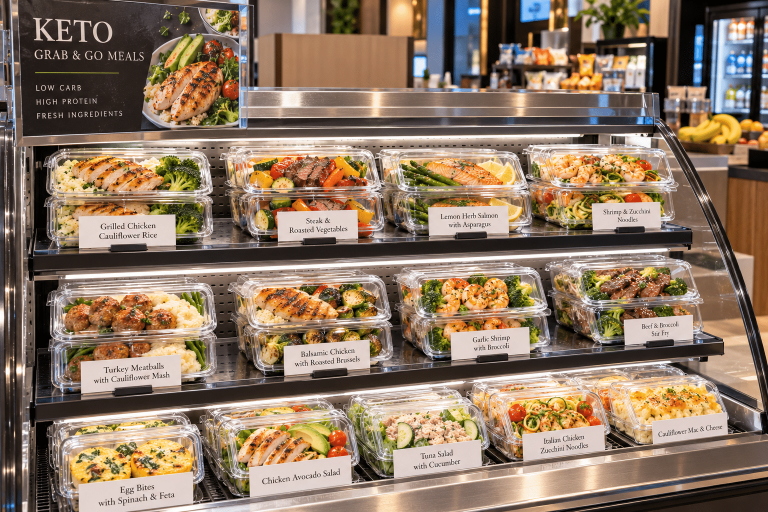 Single serve keto grab and go meals in a hotel market refrigerated case